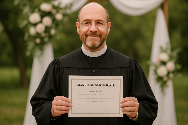 Ordained officiant holding marriage certificate at a wedding ceremony